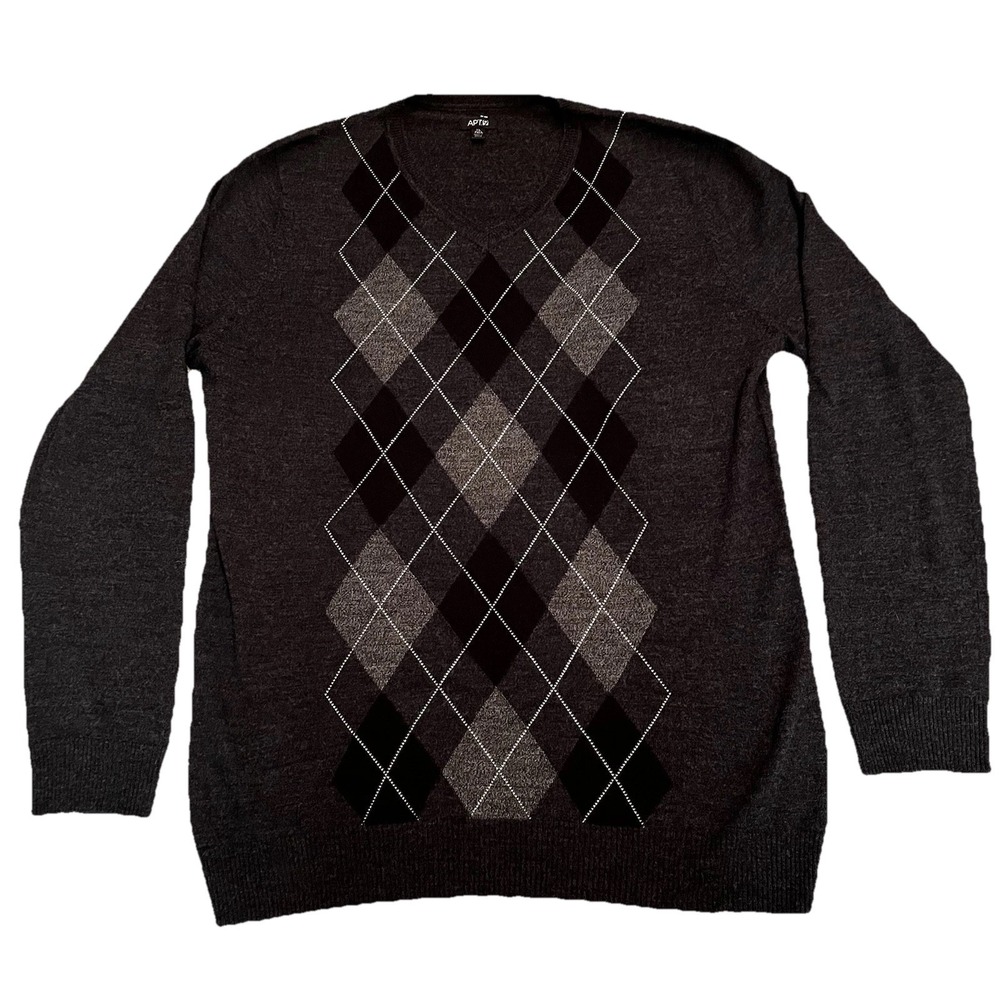 Merino Wool Blend Sweater Mens XL Tall Gray Argyle V‎ Neck Preppy Casual